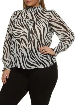 Plus Size Zebra Mock Neck Blouse