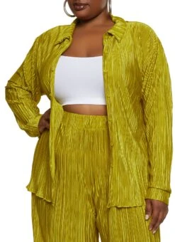 Plus Size Plisse Button Front Shirt