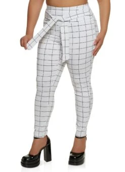 Plus Size Windowpane Print Tie Front Dress Pants