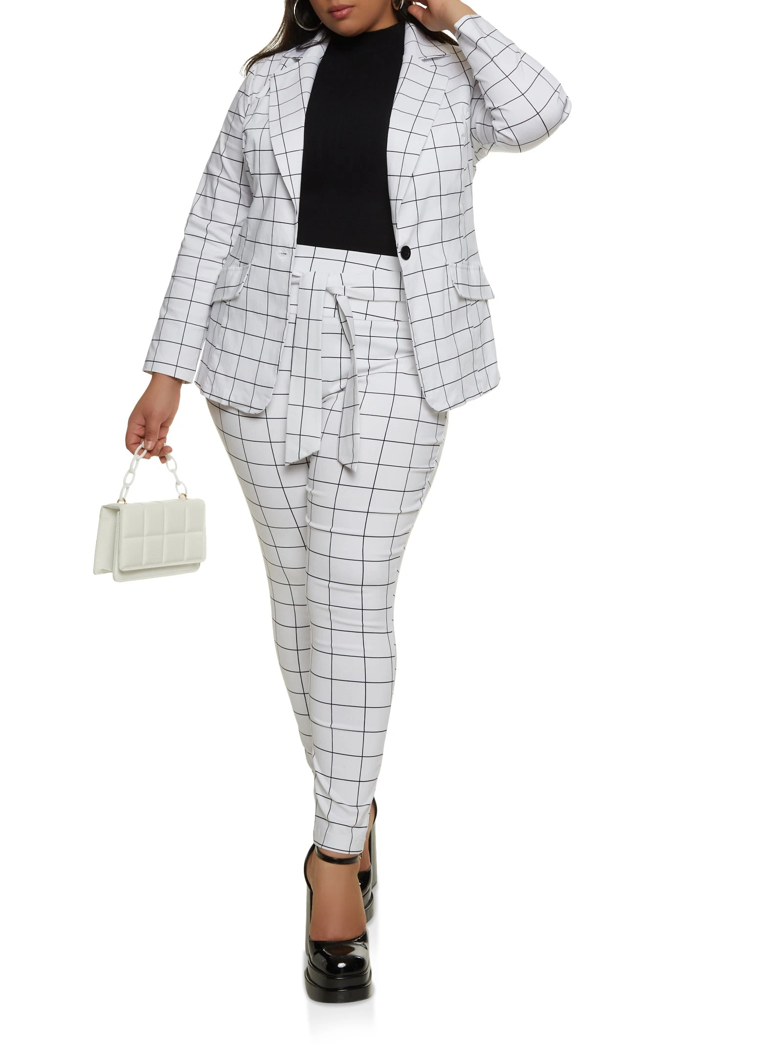 Plus Size Windowpane Print Blazer - Image 2