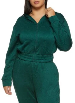 Plus Size Embossed Zip Up Cropped Hoodie