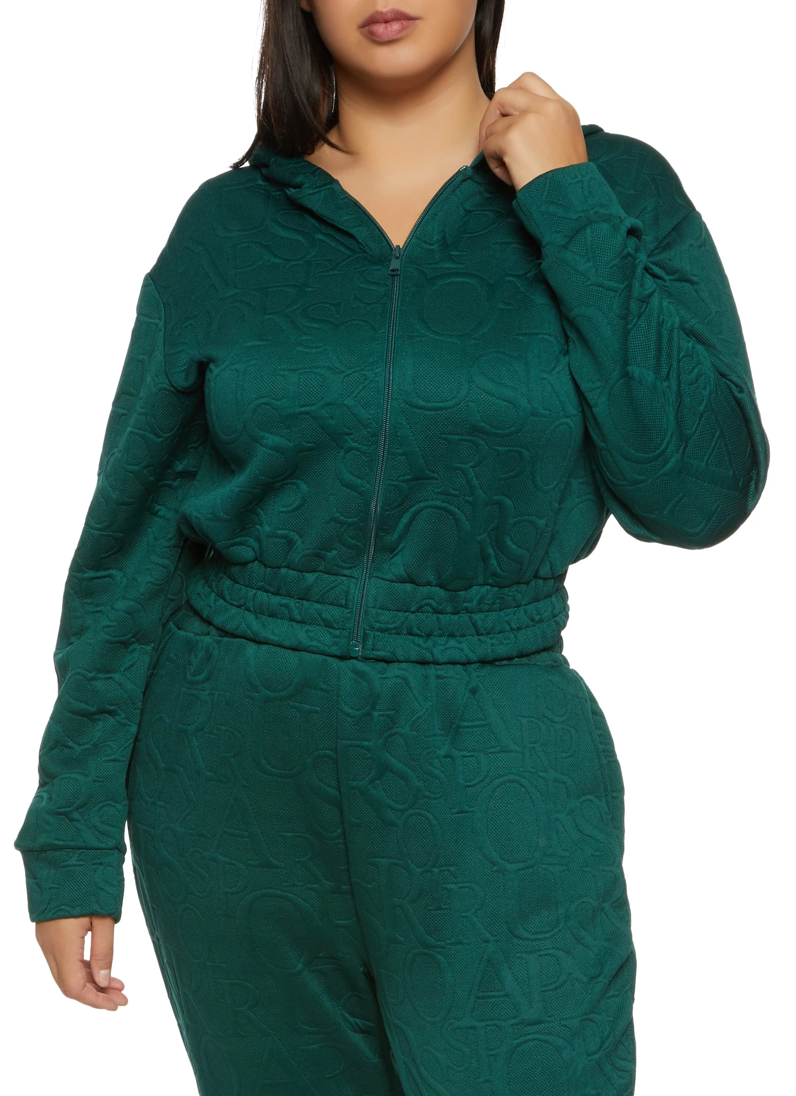 Plus Size Embossed Zip Up Cropped Hoodie