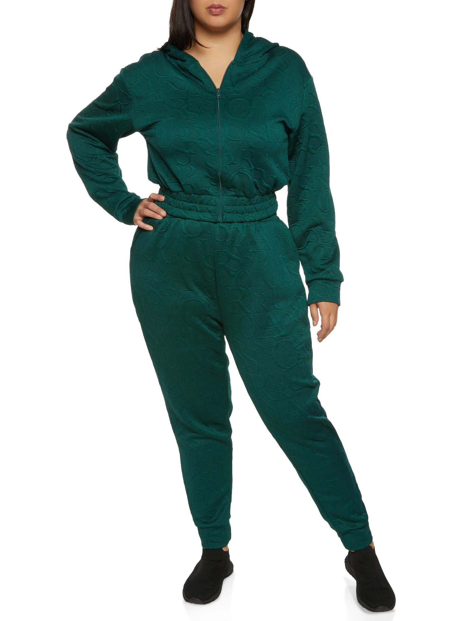 Plus Size Embossed Zip Up Cropped Hoodie - Image 2