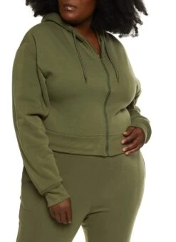 Plus Size Fleece Solid Zip Front Hoodie