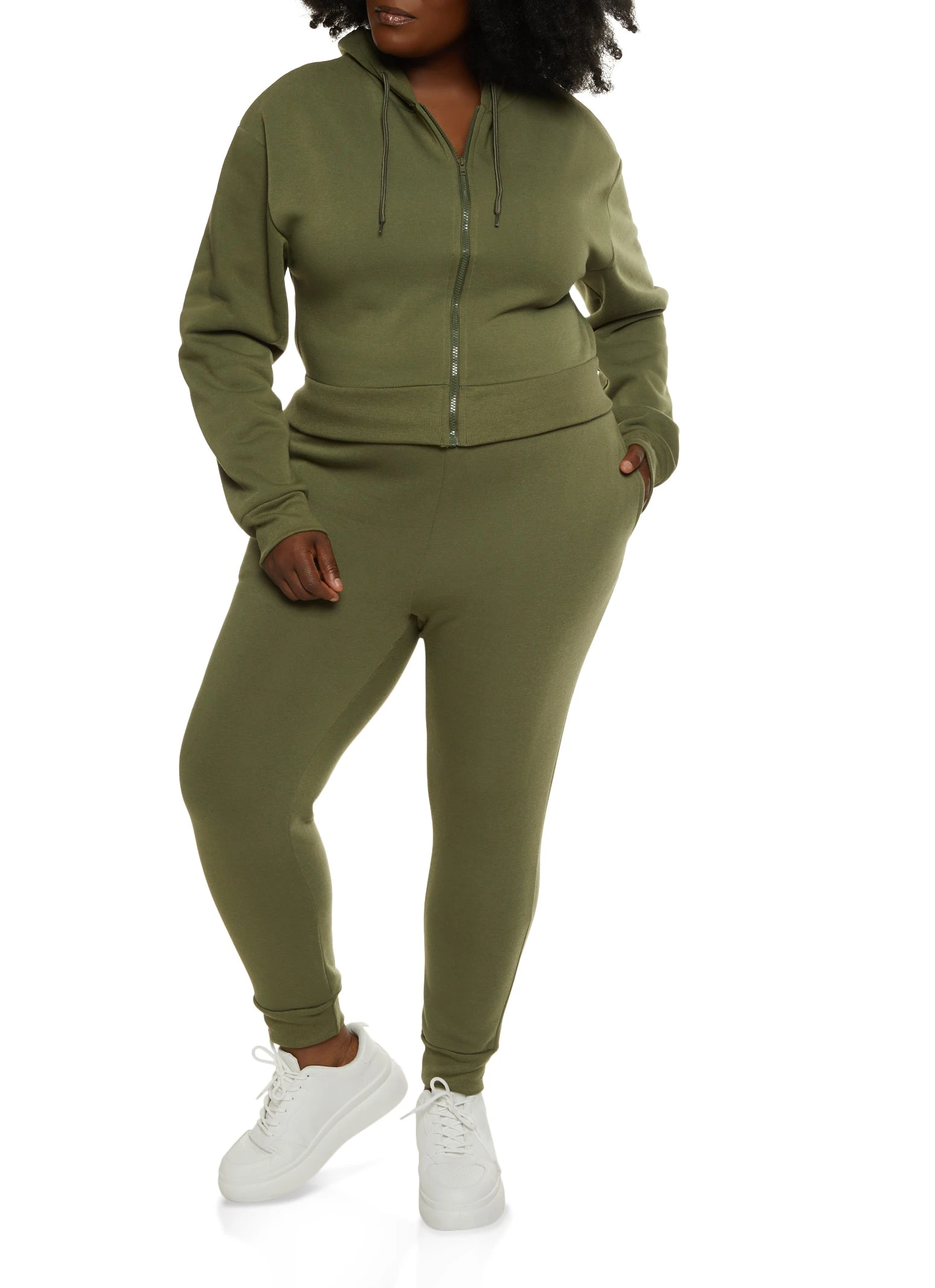 Plus Size Fleece Solid Zip Front Hoodie - Image 2