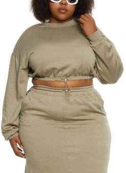 Plus Size Fleece Drawstring Hem Cropped Sweatshirt