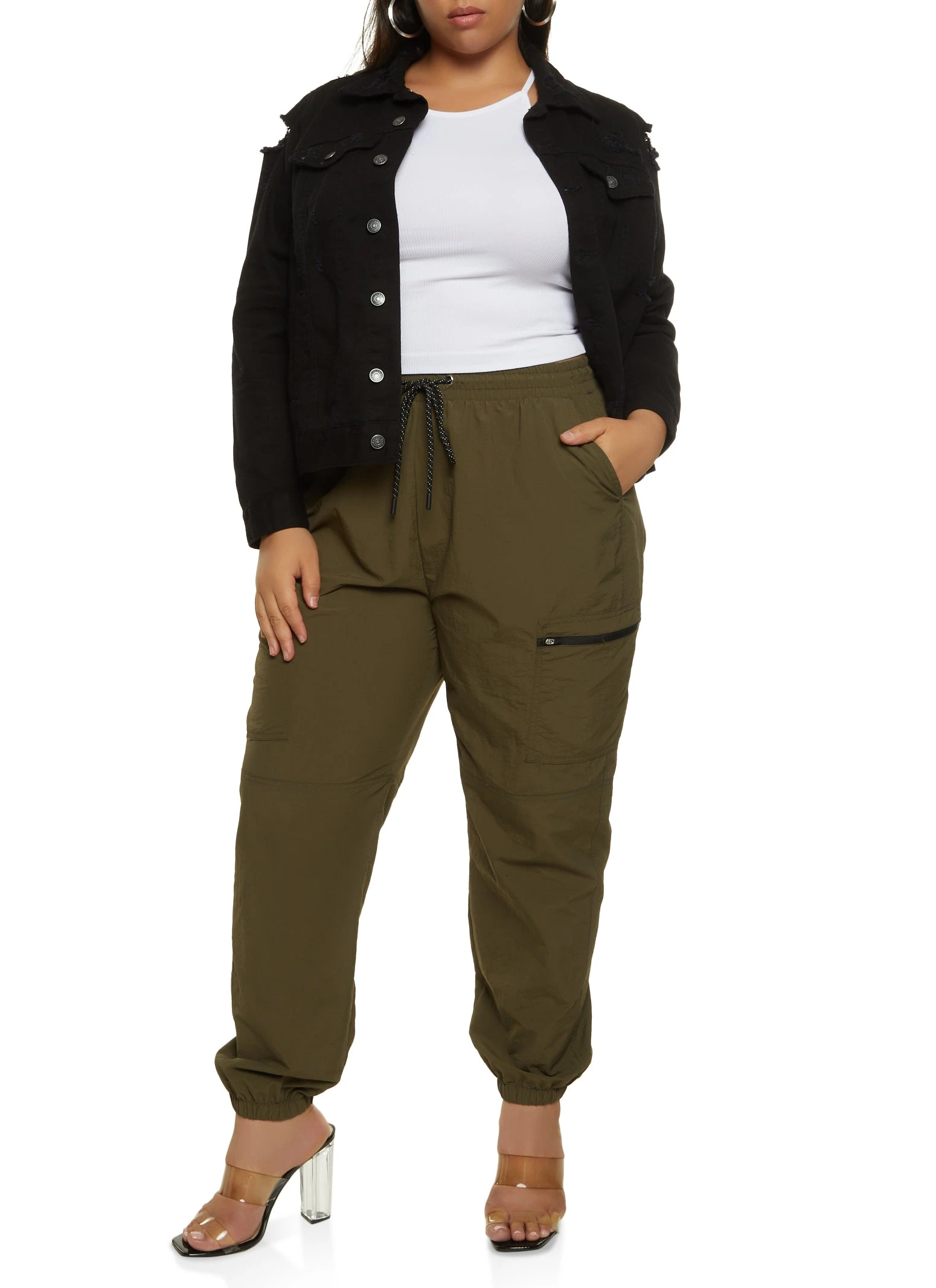 Plus Size Nylon Zip Pocket Cargo Joggers - Image 2