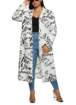 Plus Size Patterned Tie Waist Belted Long Jacket