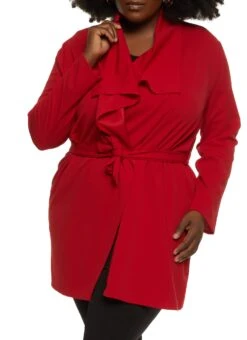 Plus Size Crepe Knit Draped Collar Wrap Coat