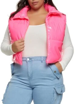 Plus Size Faux Patent Leather Puffer Vest