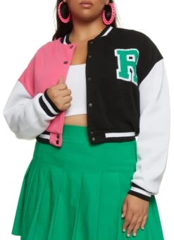 Plus Size Color Blocked Cropped Letterman Jacket