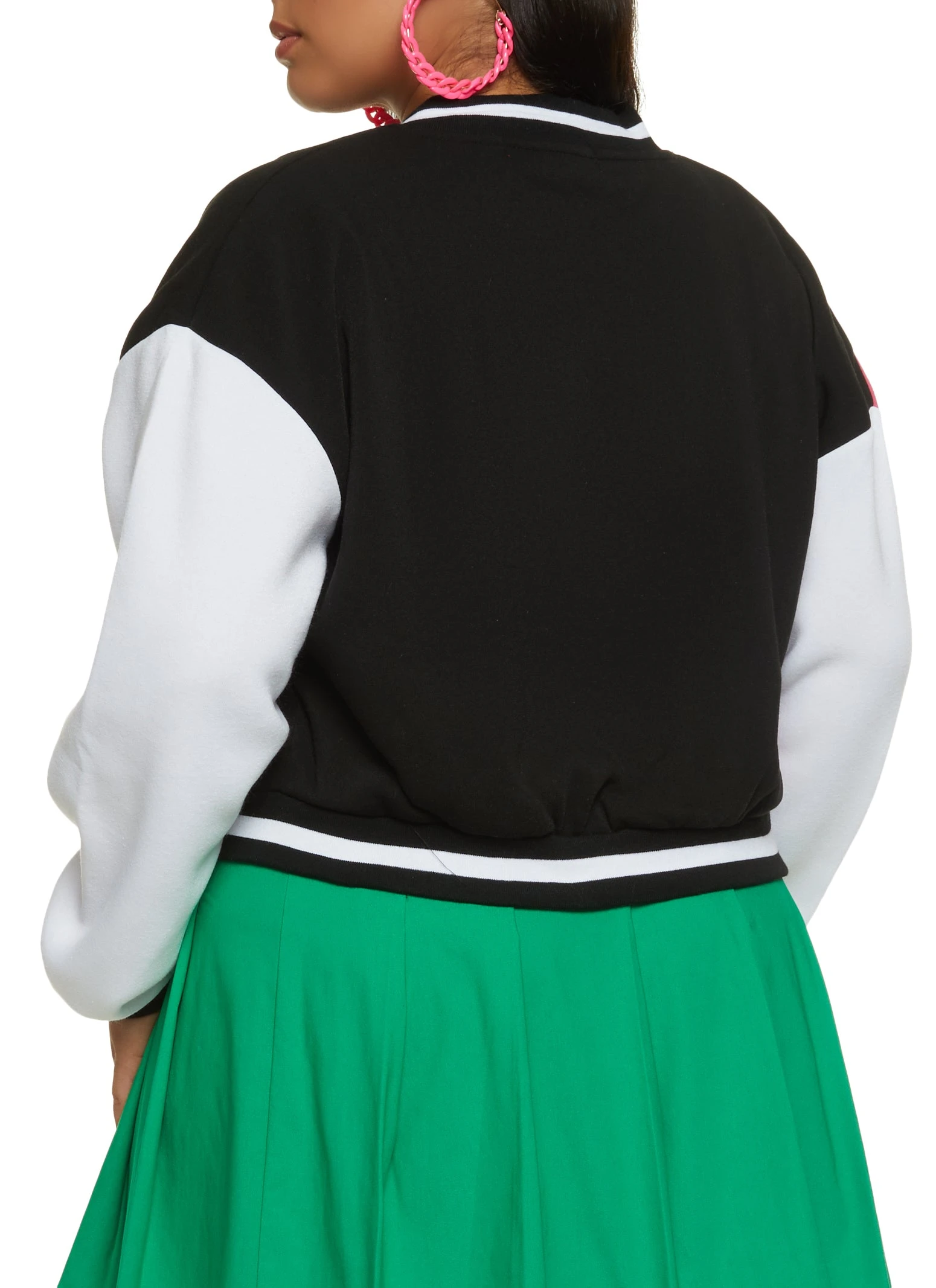 Plus Size Color Blocked Cropped Letterman Jacket - Image 3