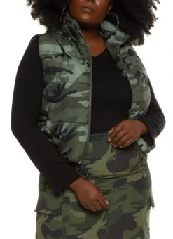 Plus Size Nylon Camouflage Puffer Vest