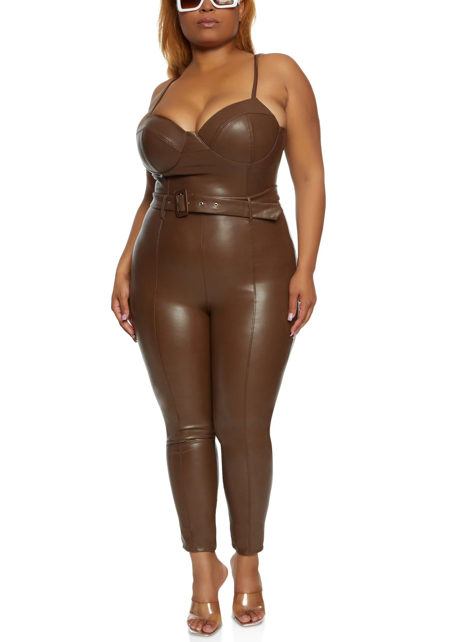 Plus Size Faux Leather Belted Bustier Jumpsuit - Image 2