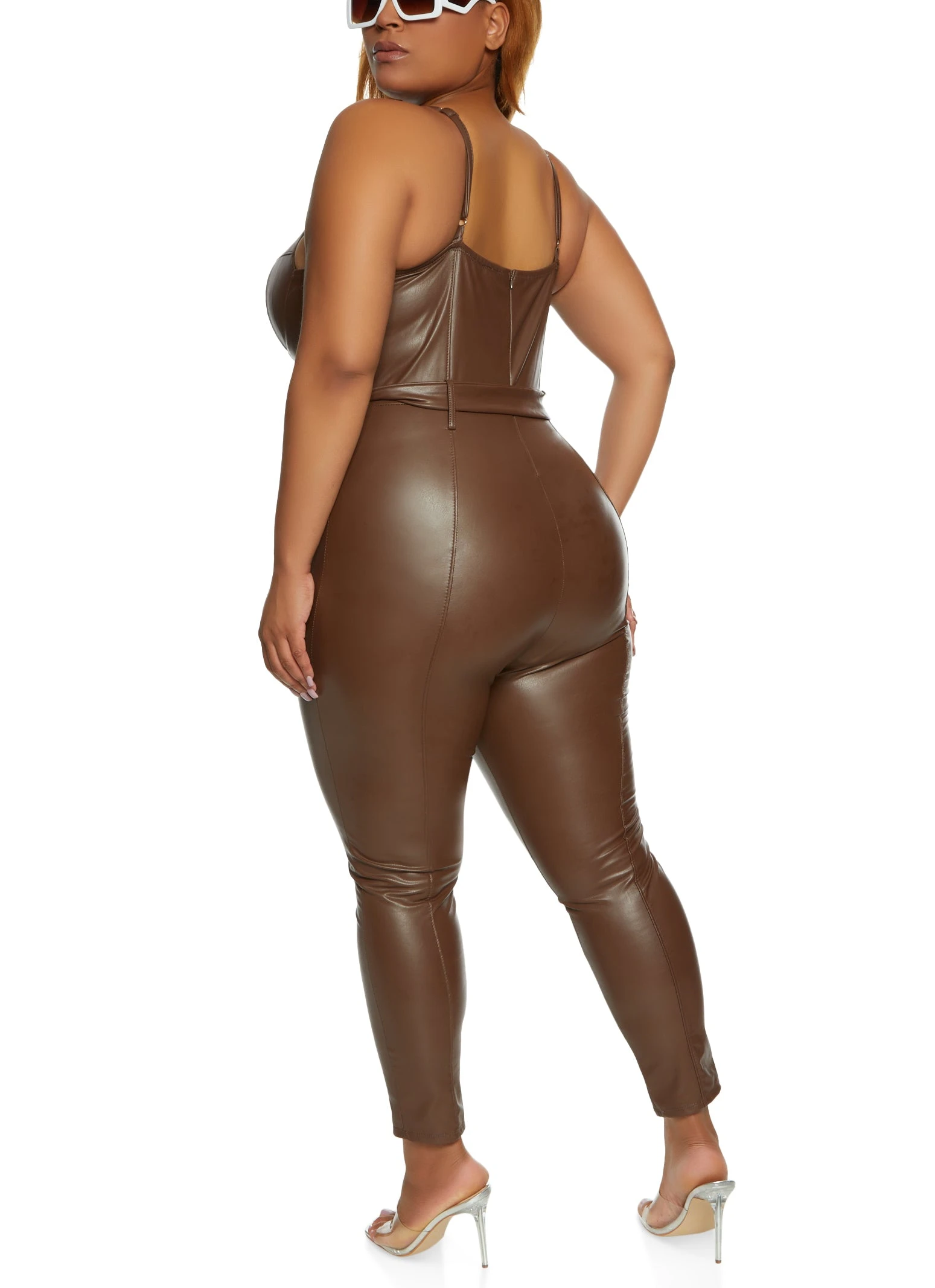 Plus Size Faux Leather Belted Bustier Jumpsuit - Image 3