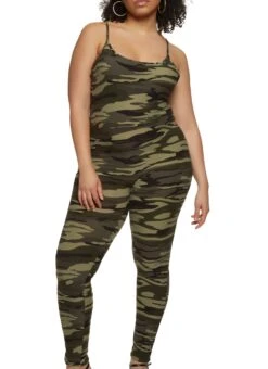Plus Size Camo Print Cami Catsuit