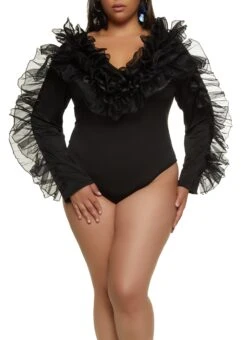 Plus Size Layered Organza Ruffle Trim Bodysuit