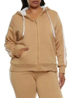 Plus Size Sherpa Lined Varsity Striped Sleeve Zip Hoodie