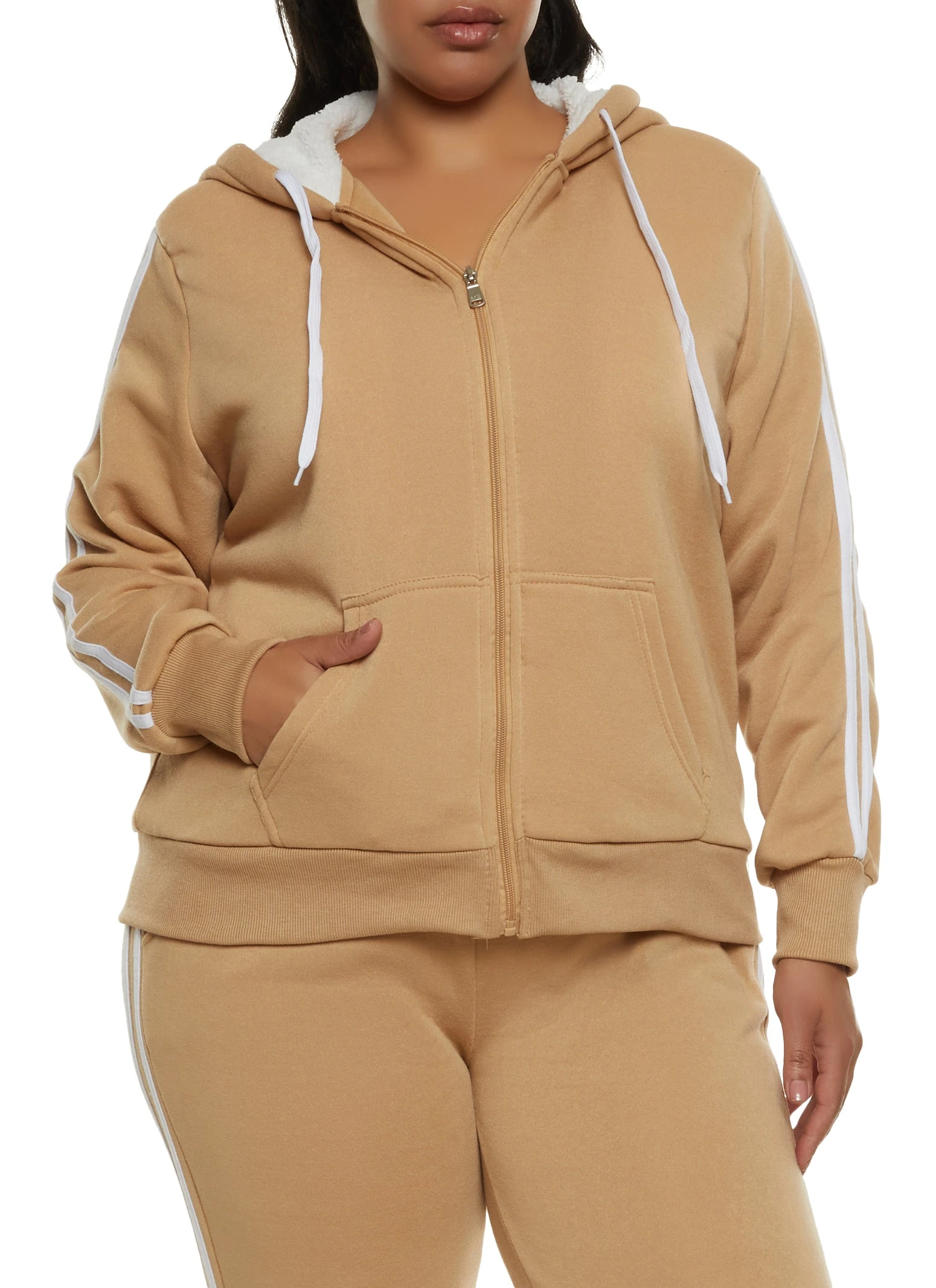 Plus Size Sherpa Lined Varsity Striped Sleeve Zip Hoodie