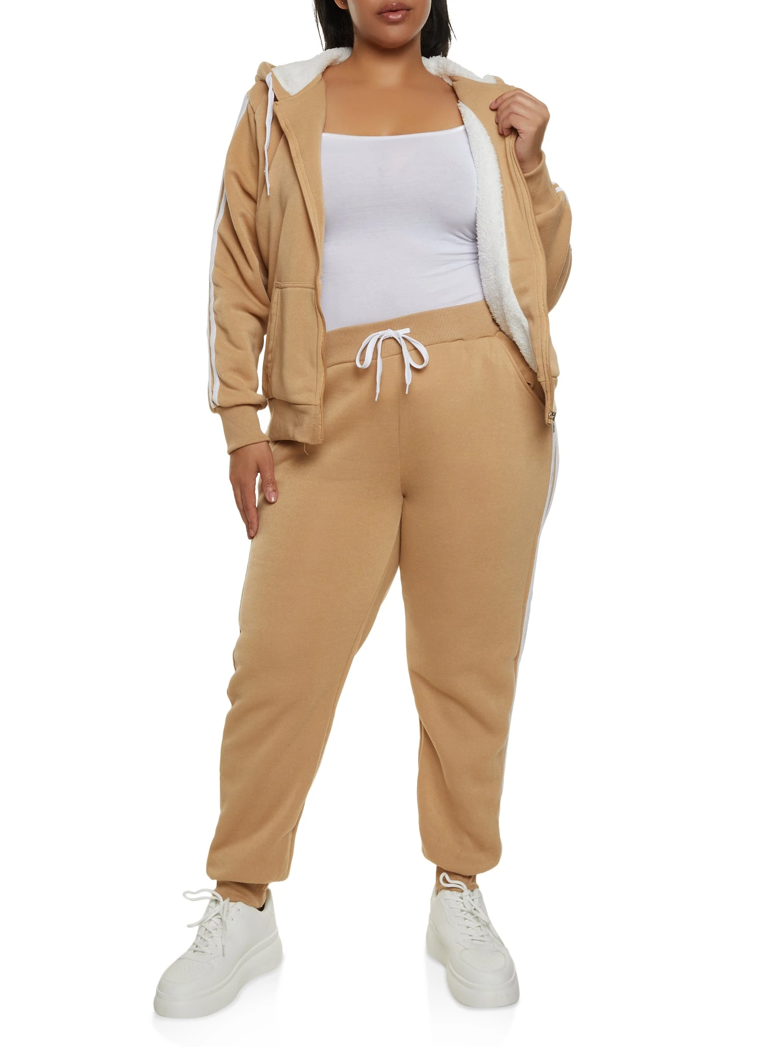 Plus Size Sherpa Lined Varsity Striped Sleeve Zip Hoodie - Image 2