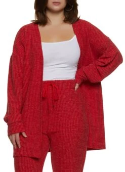 Plus Size Ribbed Open Front Duster