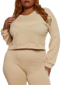 Plus Size Textured Knit Cropped Sweatshirt
