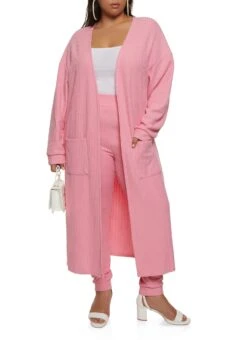 Plus Size Ribbed Knit Pocket Long Cardigan