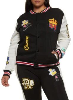 Plus Size Fleece Queen Graphic Varsity Jacket