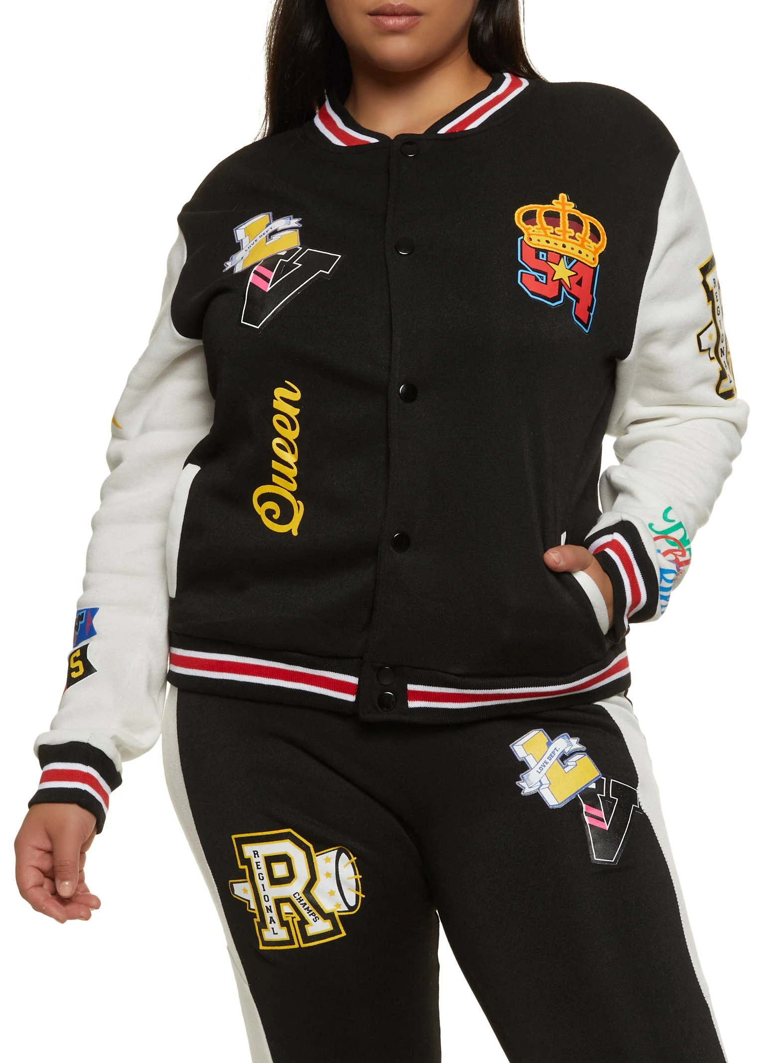 Plus Size Fleece Queen Graphic Varsity Jacket