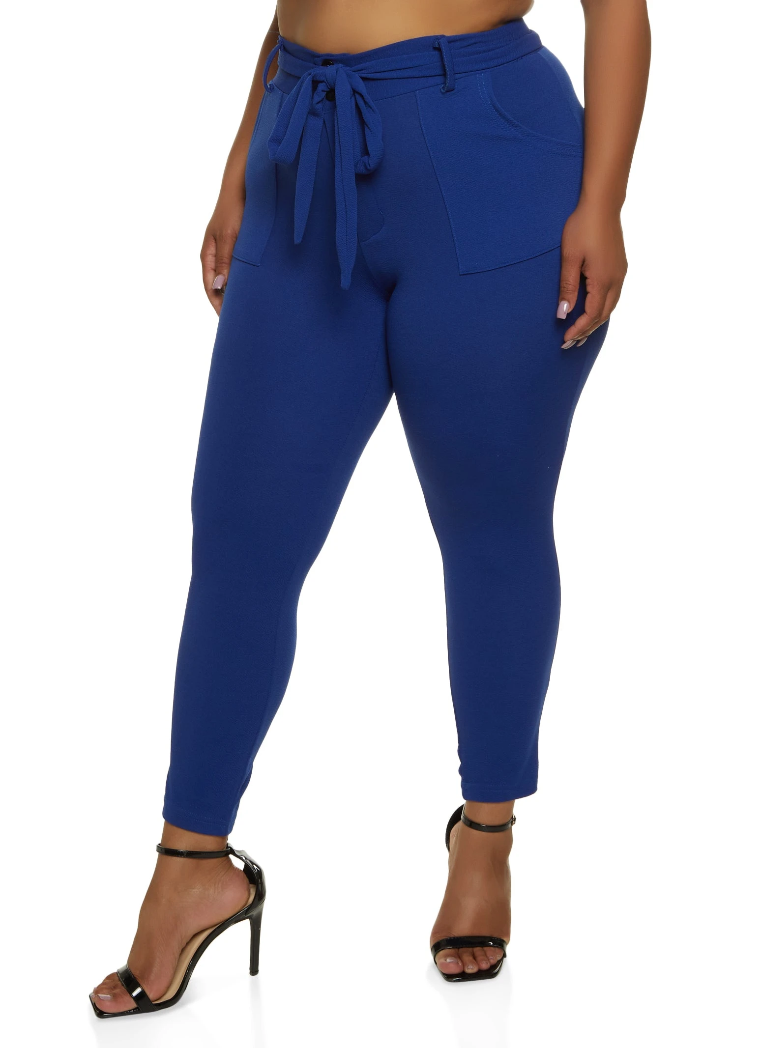 Plus Size Crepe Knit Belted Skinny Dress Pants