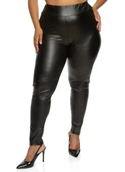 Plus Size Faux Leather High Waist Pull On Pants