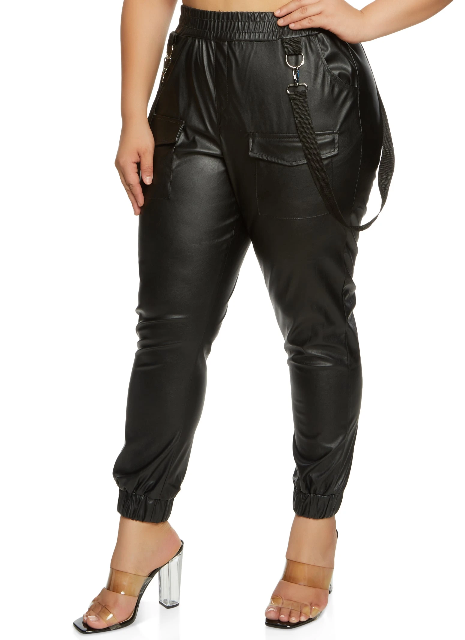 Plus Size Faux Leather Suspender Joggers