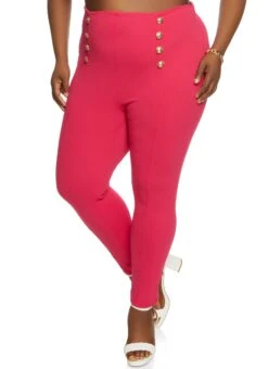 Plus Size Eight Button Detail Pull On Pants