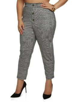 Plus Size Faux Button Plaid Dress Pants