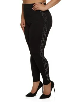 Plus Size Seamless Side Rhinestone Chain Link Leggings