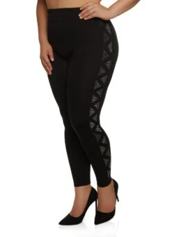 Plus Size Seamless Side Rhinestone Geometric Patterned Leggings
