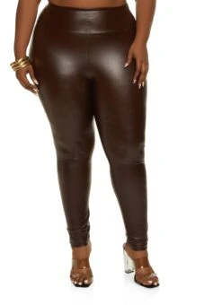 Ambiance Plus Size Solid Faux Leather High Waist Leggings