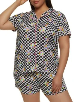 Plus Size Checkered Floral Print Pajama Shirt And Shorts
