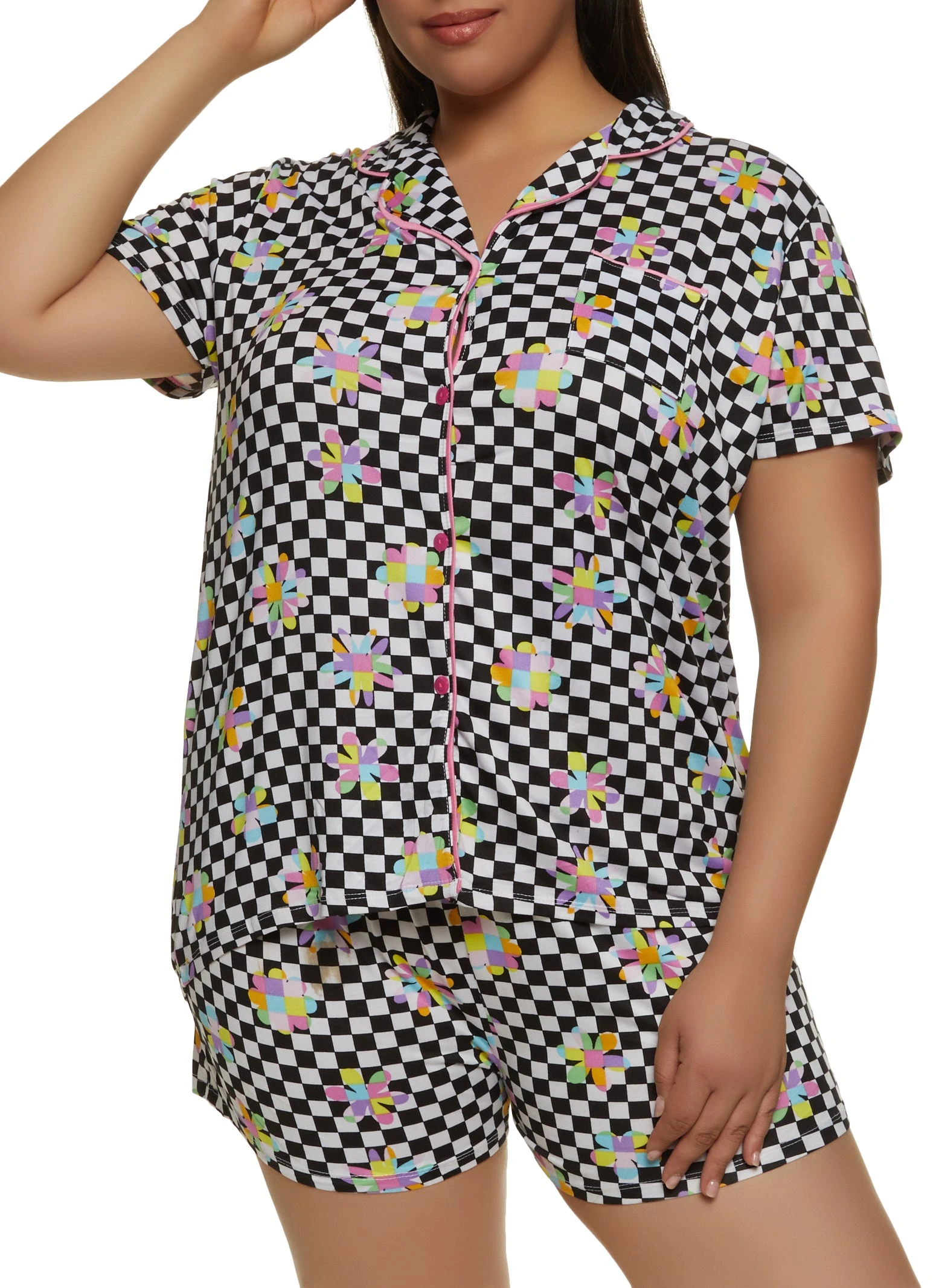 Plus Size Checkered Floral Print Pajama Shirt And Shorts