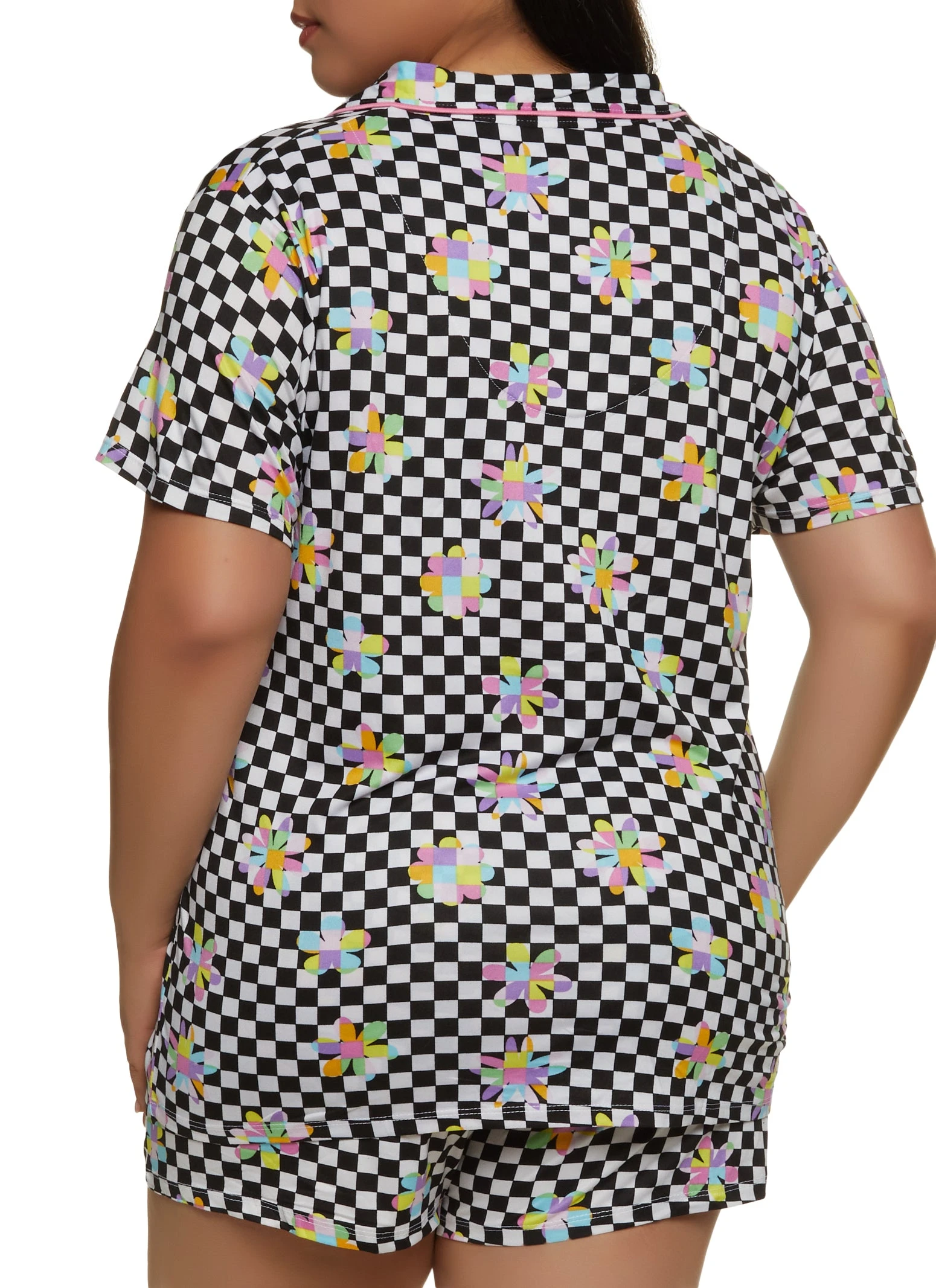Plus Size Checkered Floral Print Pajama Shirt And Shorts - Image 2
