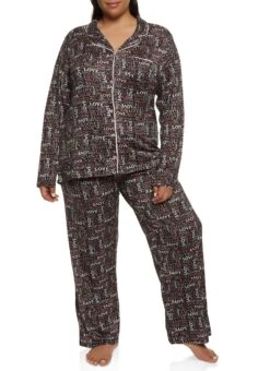 Plus Size Love Print Long Sleeve Pajama Shirt And Pants