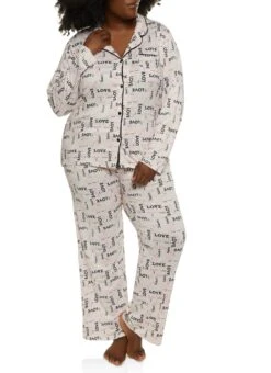 Plus Size Love Print Long Sleeve Pajama Shirt And Pants