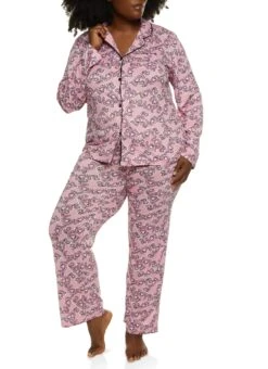 Plus Size Love Print Long Sleeve Pajama Top And Pants