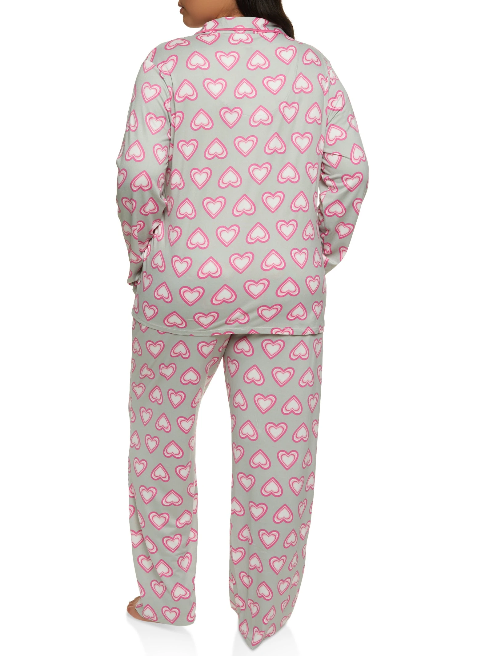 Plus Size Heart Printed Long Sleeve Pajama Shirt And Pants - Image 2