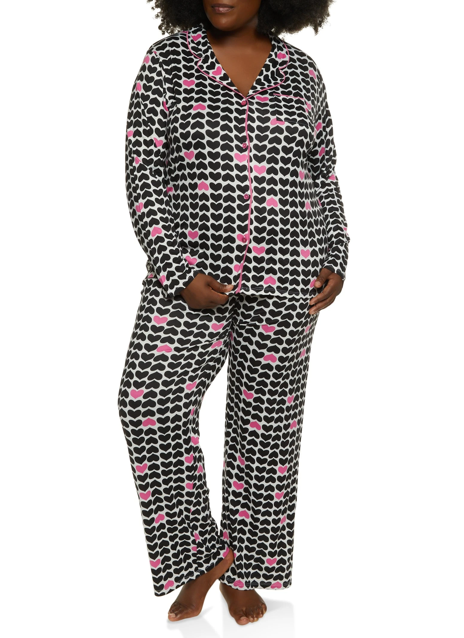 Plus Size Heart Print Long Sleeve Pajama Shirt And Pants