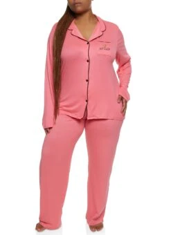 Plus Size Graphic Pocket Pajama Shirt And Pants