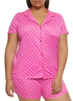 Plus Size Polka Dot Pajama Shirt And Shorts