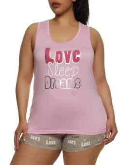 Plus Size Love Sleep Foil Screen Pajama Tank Top And Shorts