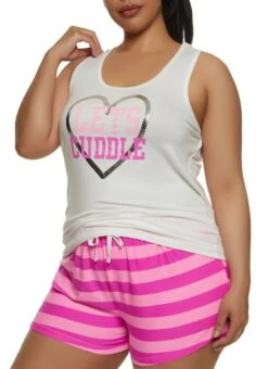 Plus Size Lets Cuddle Foil Screen Pajama Tank Top And Shorts