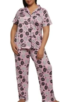 Plus Size Lip Graphic Print Pajama Shirt And Pants
